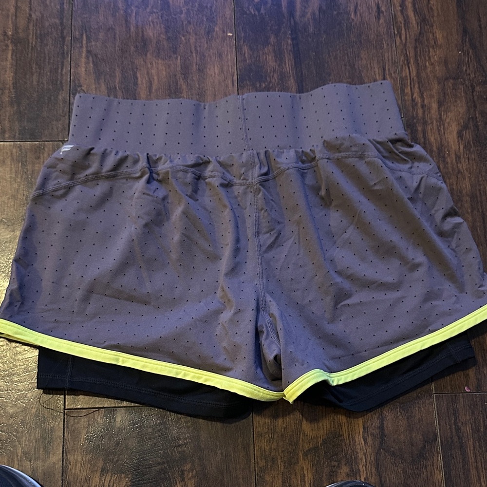 Fabletics Gray and Black Athletic Shorts with Yellow Trim